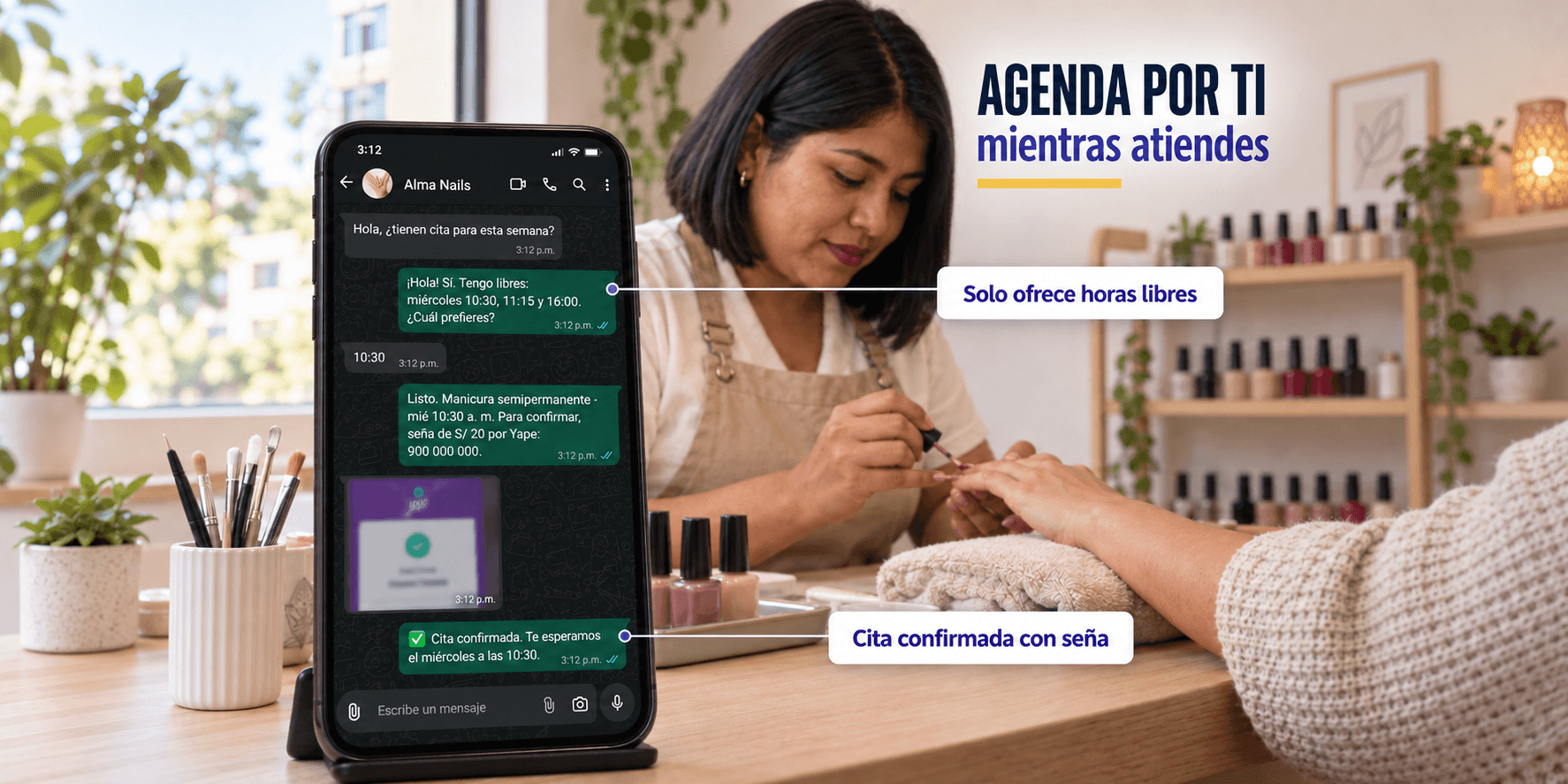 Barbera atendiendo a un cliente mientras su celular, apoyado en el mostrador, muestra una cita nueva en la agenda de Meudim: «Que reserven solos», «Cita nueva · 4:30 p. m.», «Adelanto pagado por Yape».