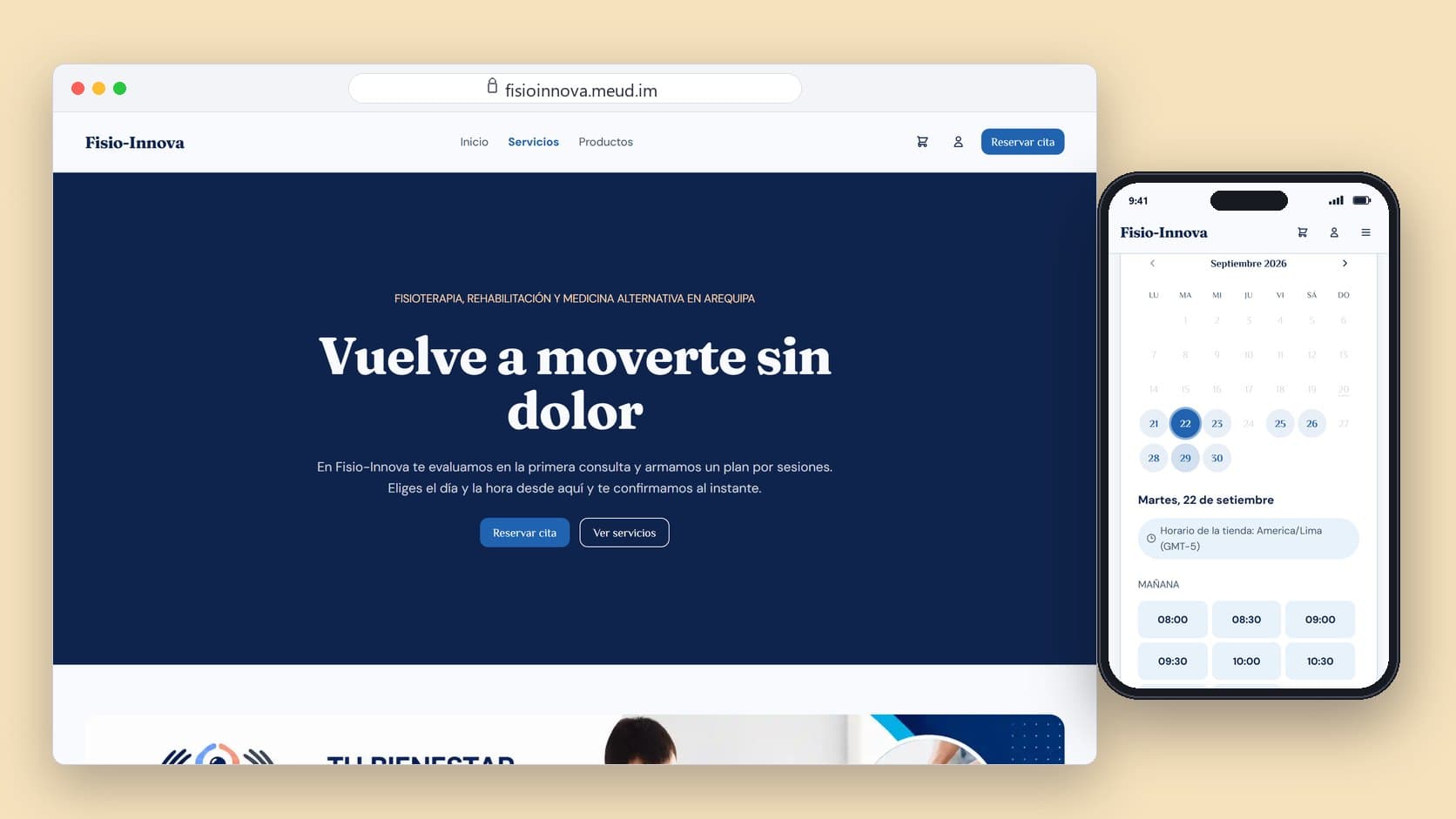 Portada de la tienda Fisio-Innova en un navegador, en fisioinnova.meud.im: «Vuelve a moverte sin dolor» con los botones de reservar cita y ver servicios; encima, un celular con la página del servicio Consulta y su calendario de septiembre con el martes 22 elegido y las horas libres de la mañana.
