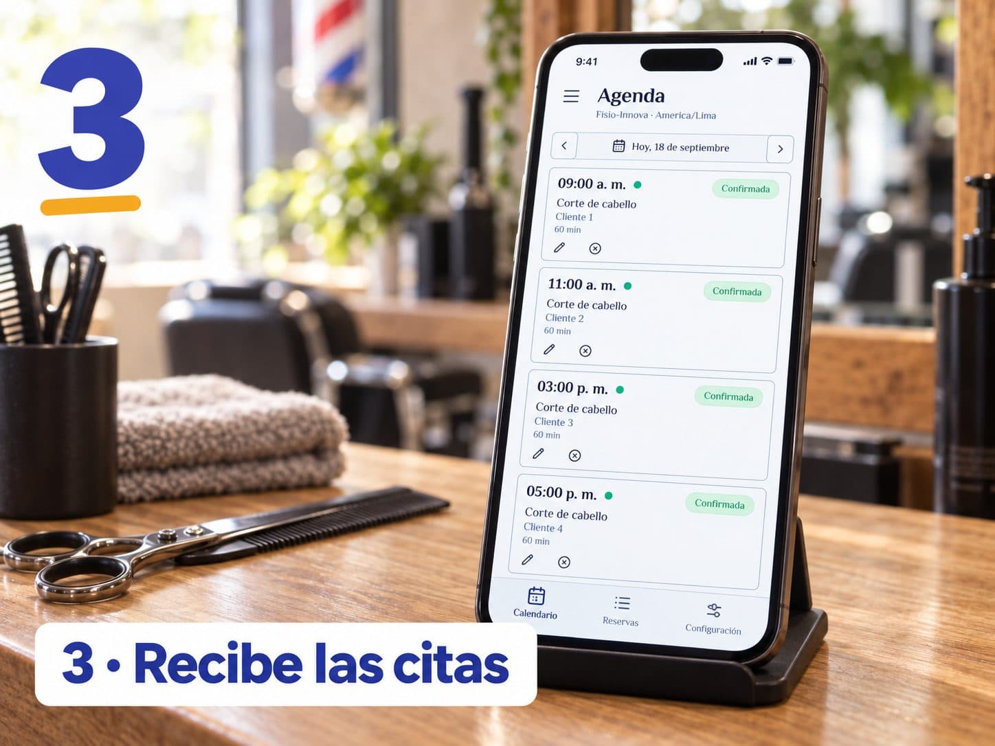 Celular en un soporte sobre el mostrador de una barbería con la agenda del día en Meudim: cuatro citas confirmadas. «3 · Recibe las citas».