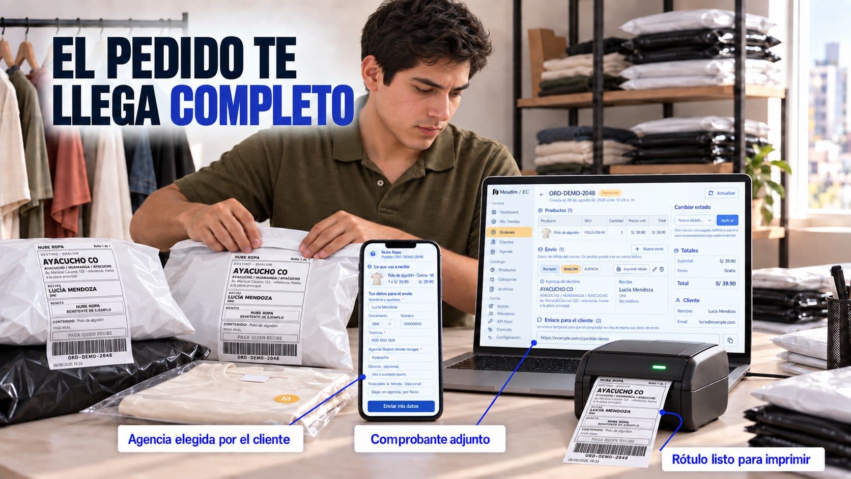 Barbera atendiendo a un cliente mientras su celular, apoyado en el mostrador, muestra una cita nueva en la agenda de Meudim: «Que reserven solos», «Cita nueva · 4:30 p. m.», «Adelanto pagado por Yape».
